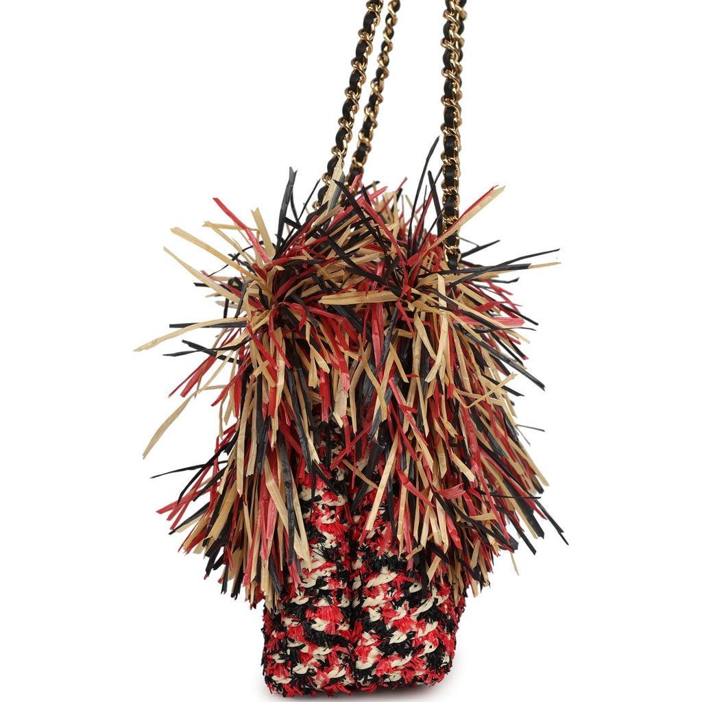 Small CC Shopping Bag Red, Beige, Black Braided Raffia Gold Hardware
