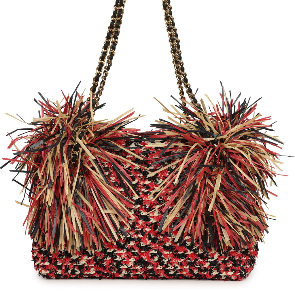 Small CC Shopping Bag Red, Beige, Black Braided Raffia Gold Hardware