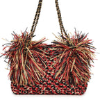 Small CC Shopping Bag Red, Beige, Black Braided Raffia Gold Hardware