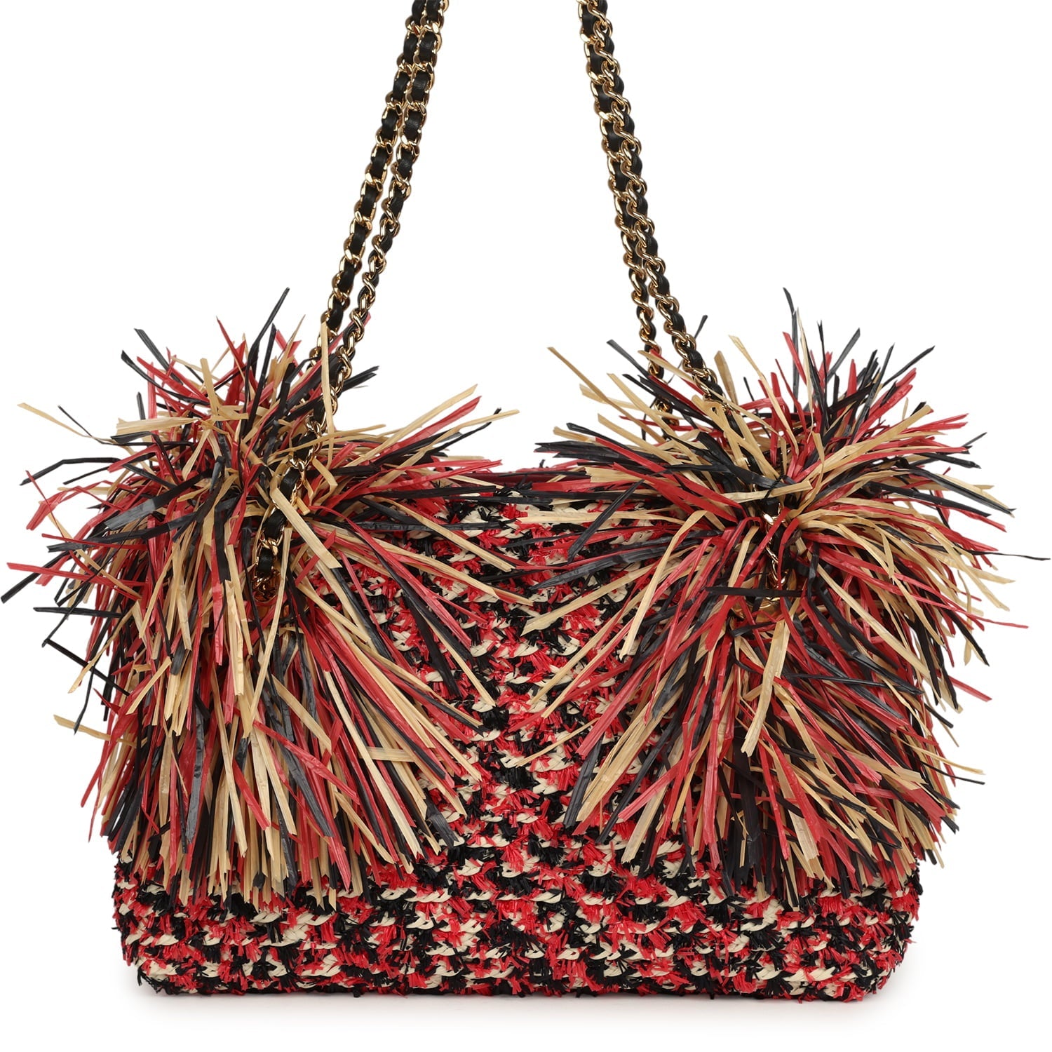 Small CC Shopping Bag Red, Beige, Black Braided Raffia Gold Hardware