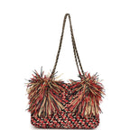 Small CC Shopping Bag Red, Beige, Black Braided Raffia Gold Hardware