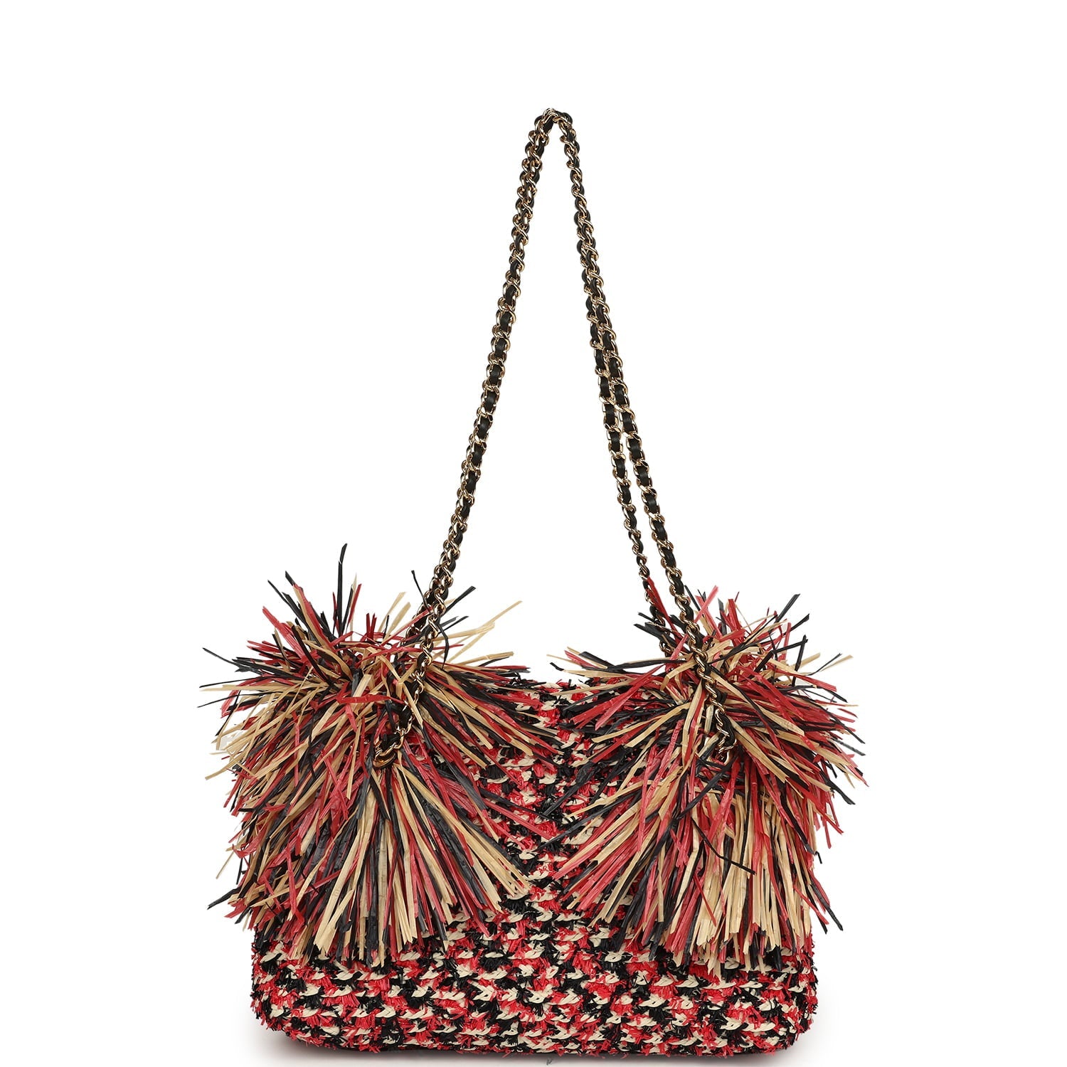 Small CC Shopping Bag Red, Beige, Black Braided Raffia Gold Hardware