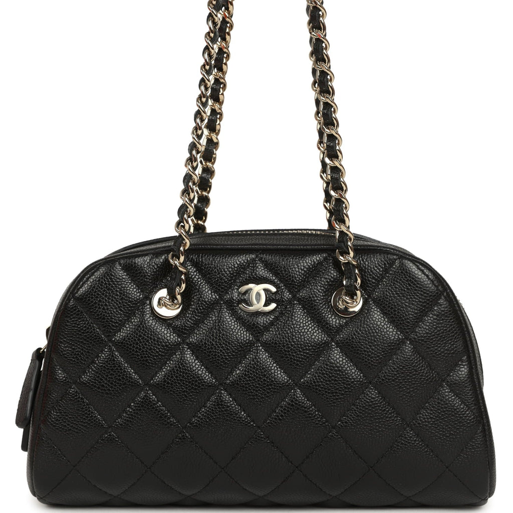 Mini Bowling Clutch with Chain Straps Black Shiny Caviar Light Gold Hardware