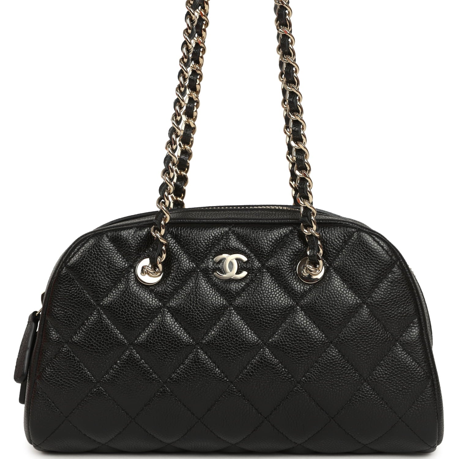 Mini Bowling Clutch with Chain Straps Black Shiny Caviar Light Gold Hardware