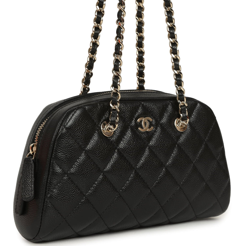 Mini Bowling Clutch with Chain Straps Black Shiny Caviar Light Gold Hardware