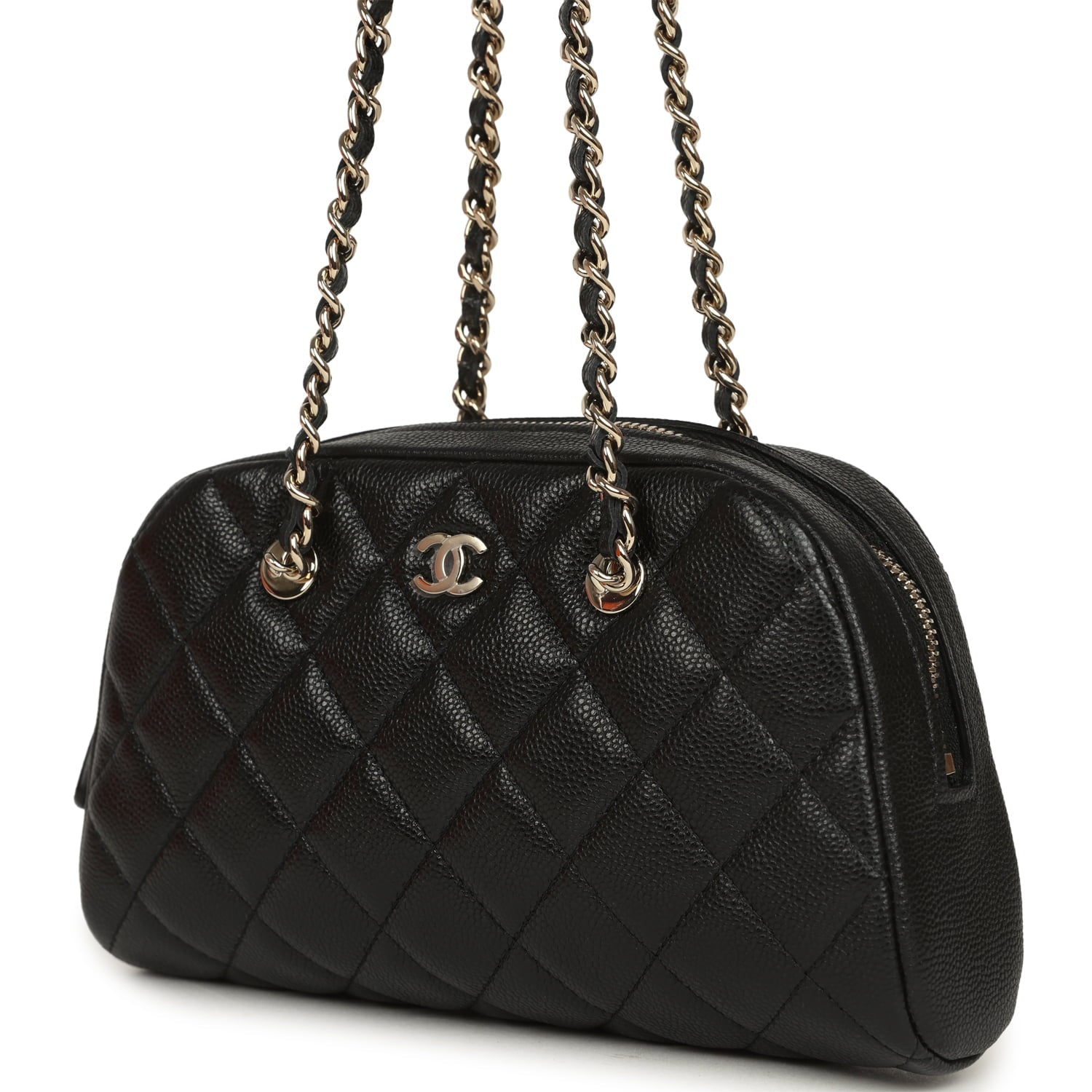 Mini Bowling Clutch with Chain Straps Black Shiny Caviar Light Gold Hardware