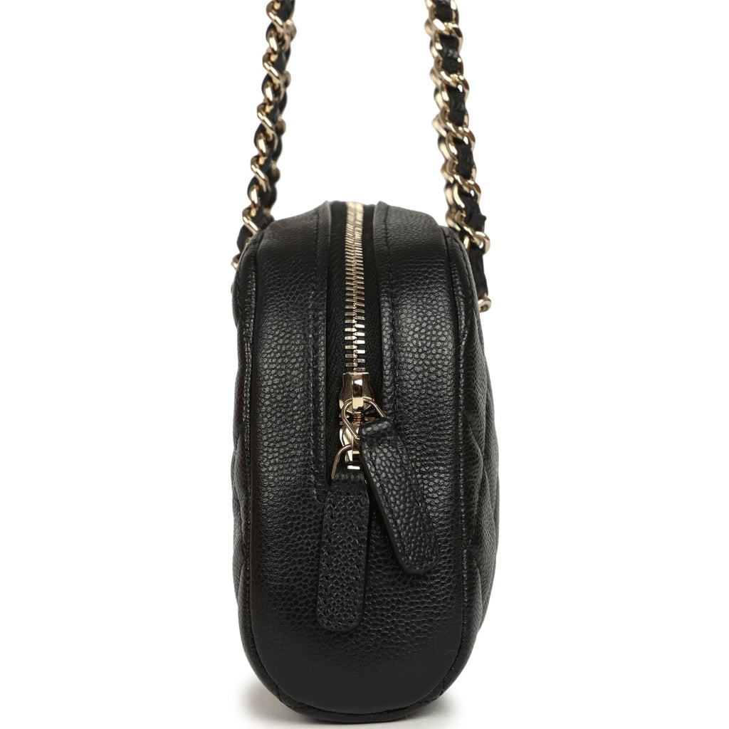 Mini Bowling Clutch with Chain Straps Black Shiny Caviar Light Gold Hardware