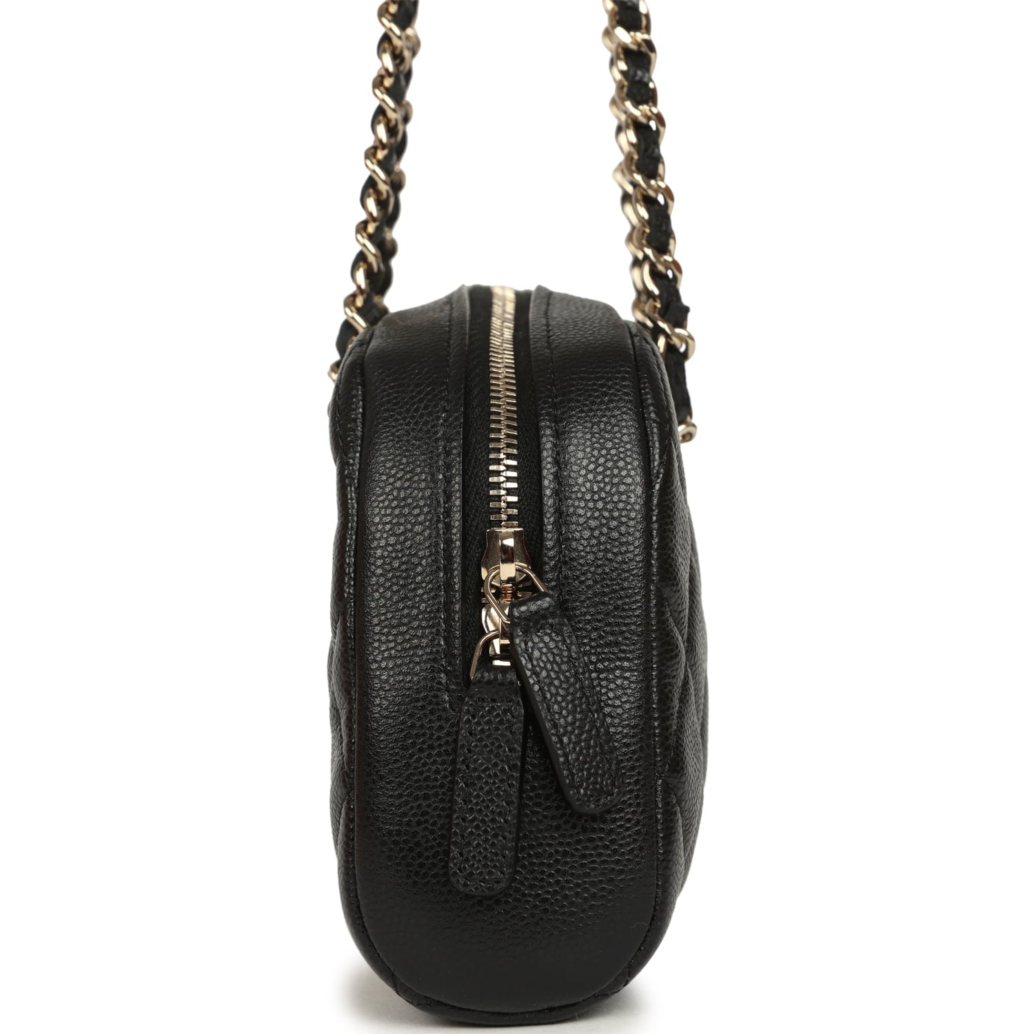 Mini Bowling Clutch with Chain Straps Black Shiny Caviar Light Gold Hardware