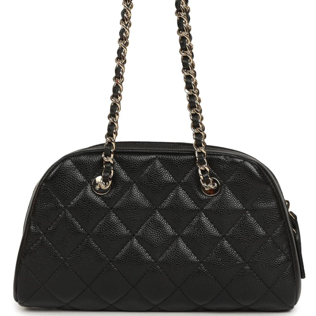 Mini Bowling Clutch with Chain Straps Black Shiny Caviar Light Gold Hardware