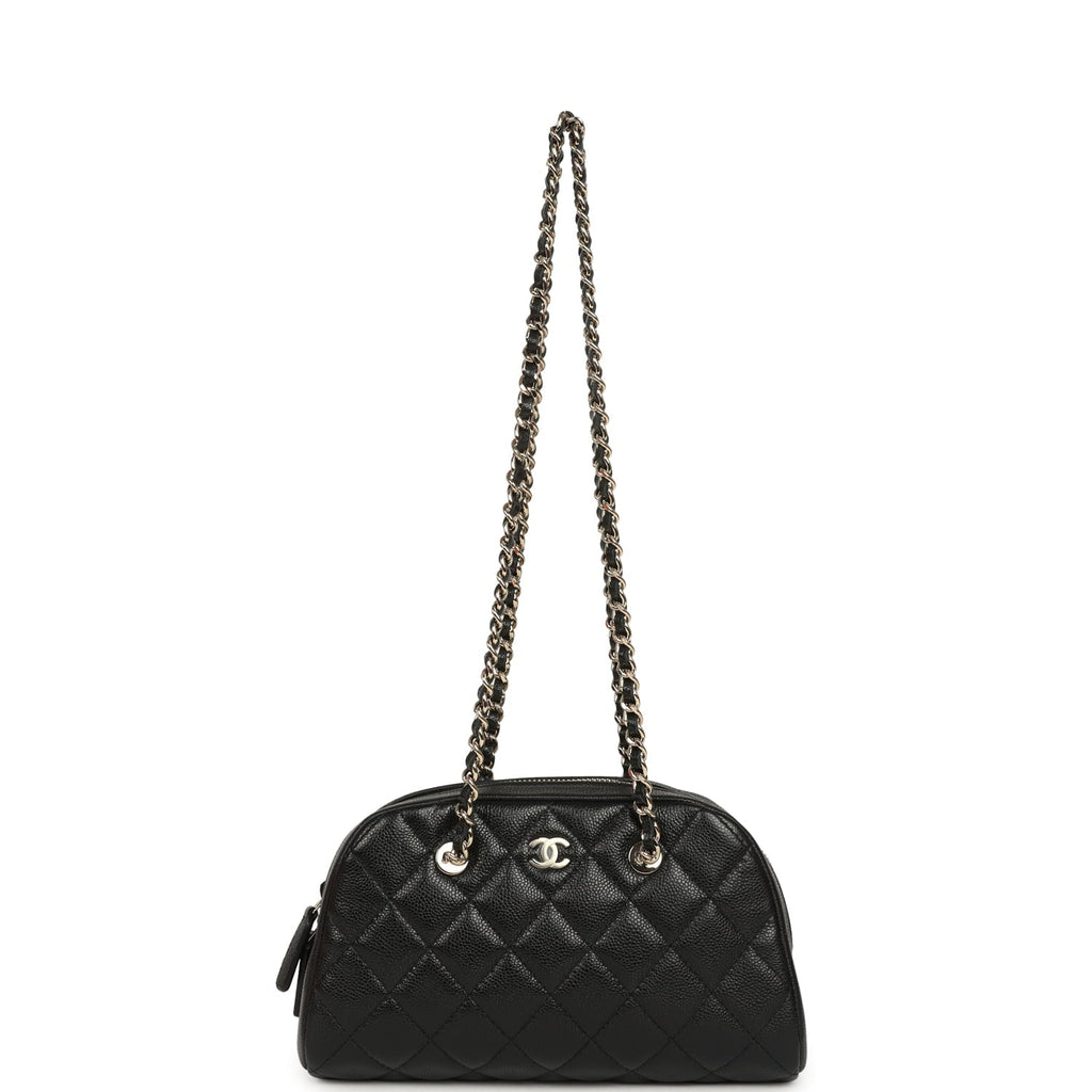 Mini Bowling Clutch with Chain Straps Black Shiny Caviar Light Gold Hardware