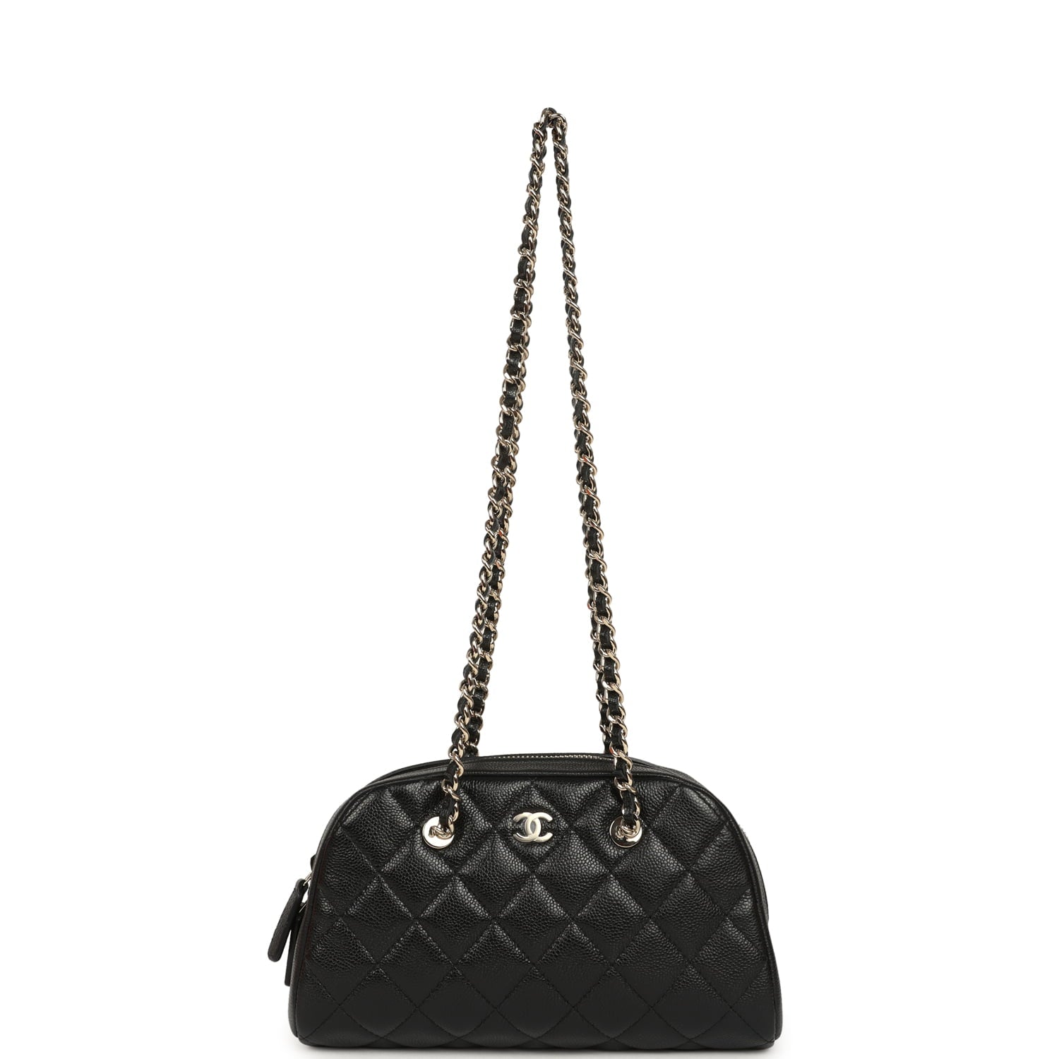 Mini Bowling Clutch with Chain Straps Black Shiny Caviar Light Gold Hardware