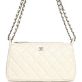 Small Quilted Clutch Bag with Chain Strap White Caviar Silver Hardware