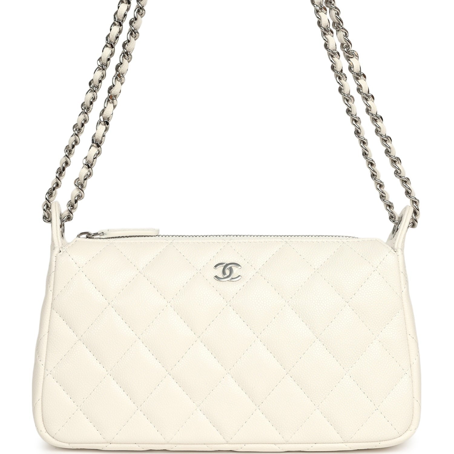 Small Quilted Clutch Bag with Chain Strap White Caviar Silver Hardware