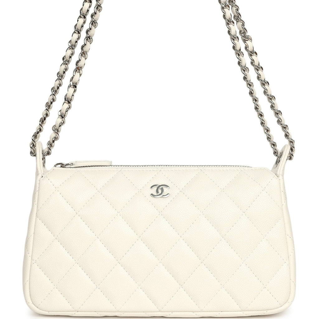 Small Quilted Clutch Bag with Chain Strap White Caviar Silver Hardware