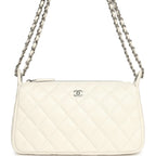 Small Quilted Clutch Bag with Chain Strap White Caviar Silver Hardware