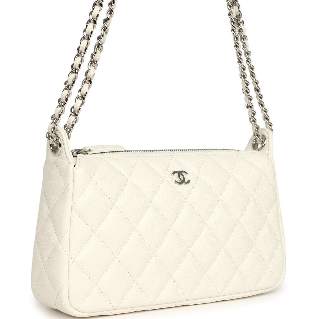 Small Quilted Clutch Bag with Chain Strap White Caviar Silver Hardware