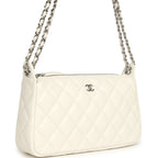 Small Quilted Clutch Bag with Chain Strap White Caviar Silver Hardware
