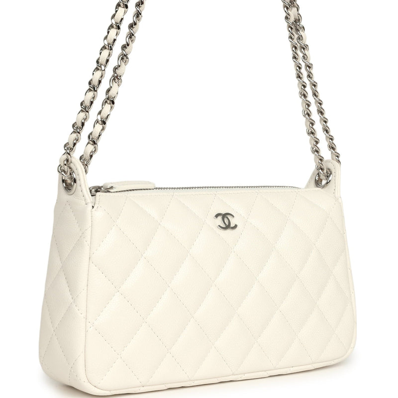 Small Quilted Clutch Bag with Chain Strap White Caviar Silver Hardware