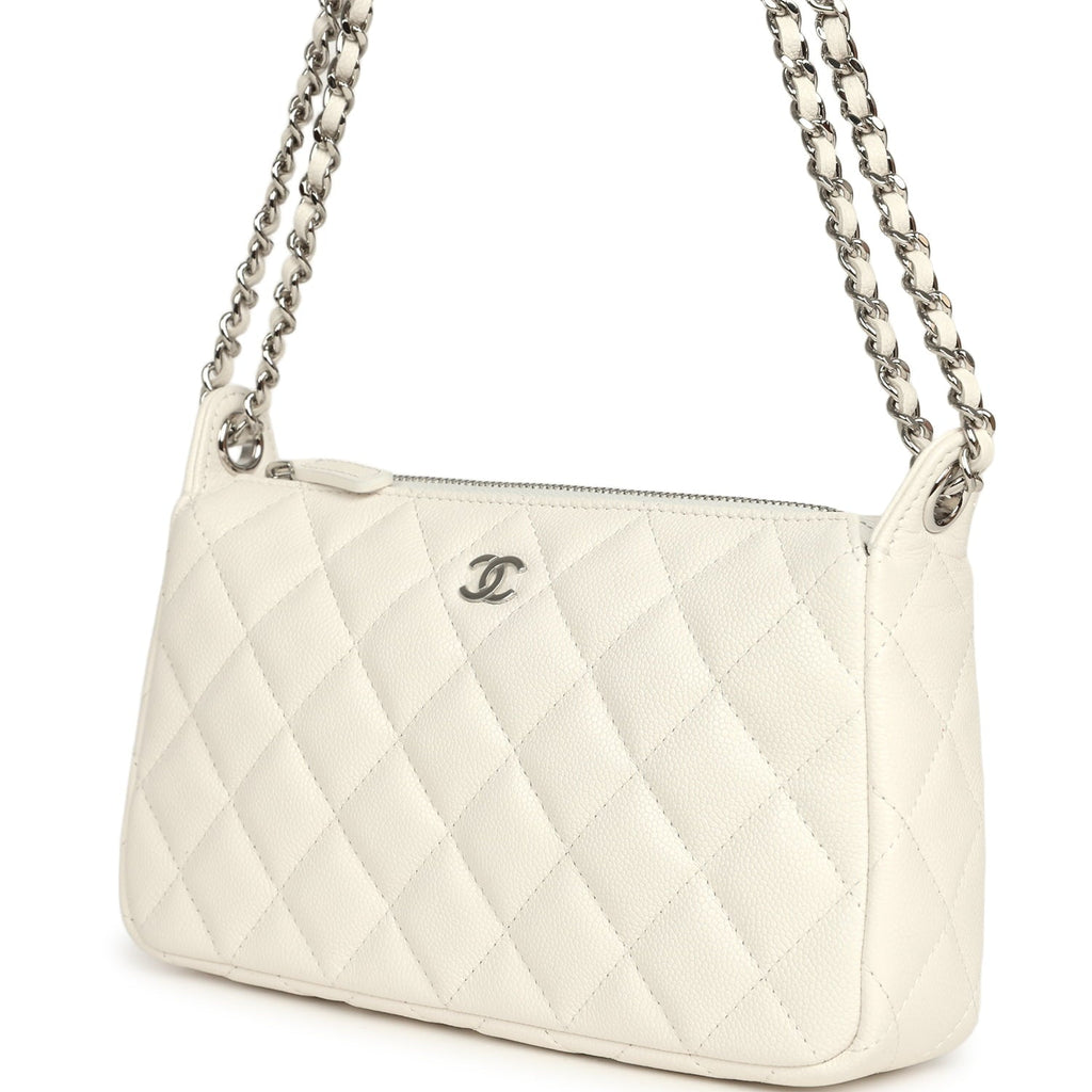 Small Quilted Clutch Bag with Chain Strap White Caviar Silver Hardware