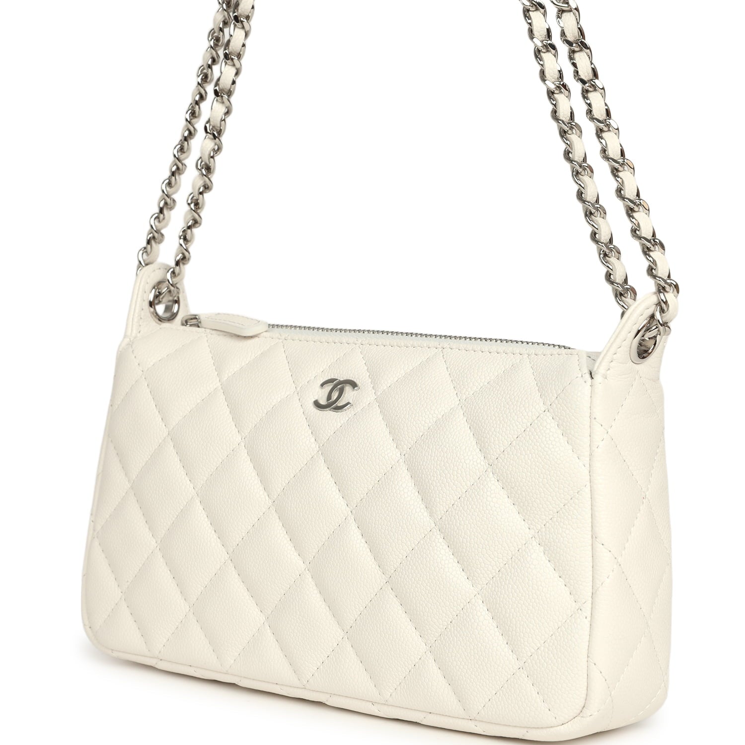 Small Quilted Clutch Bag with Chain Strap White Caviar Silver Hardware