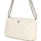 Small Quilted Clutch Bag with Chain Strap White Caviar Silver Hardware