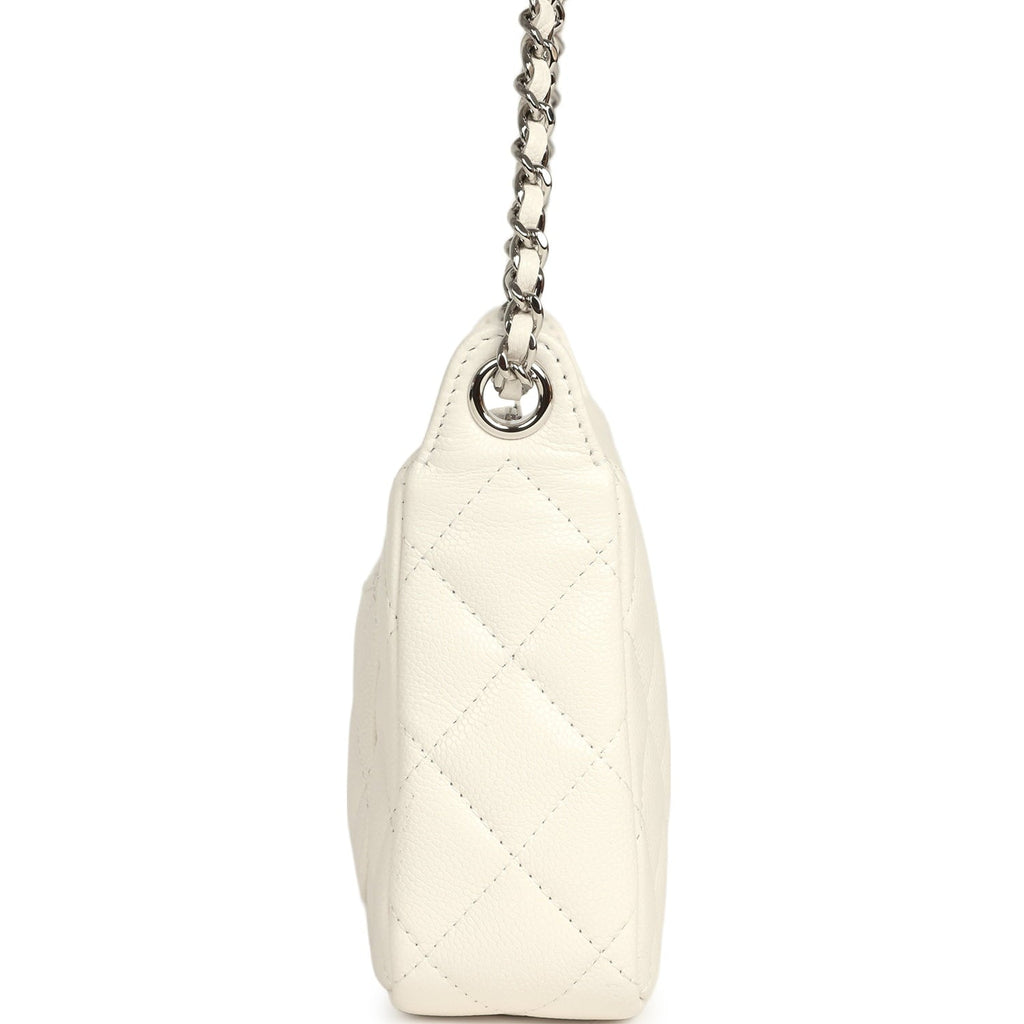 Small Quilted Clutch Bag with Chain Strap White Caviar Silver Hardware