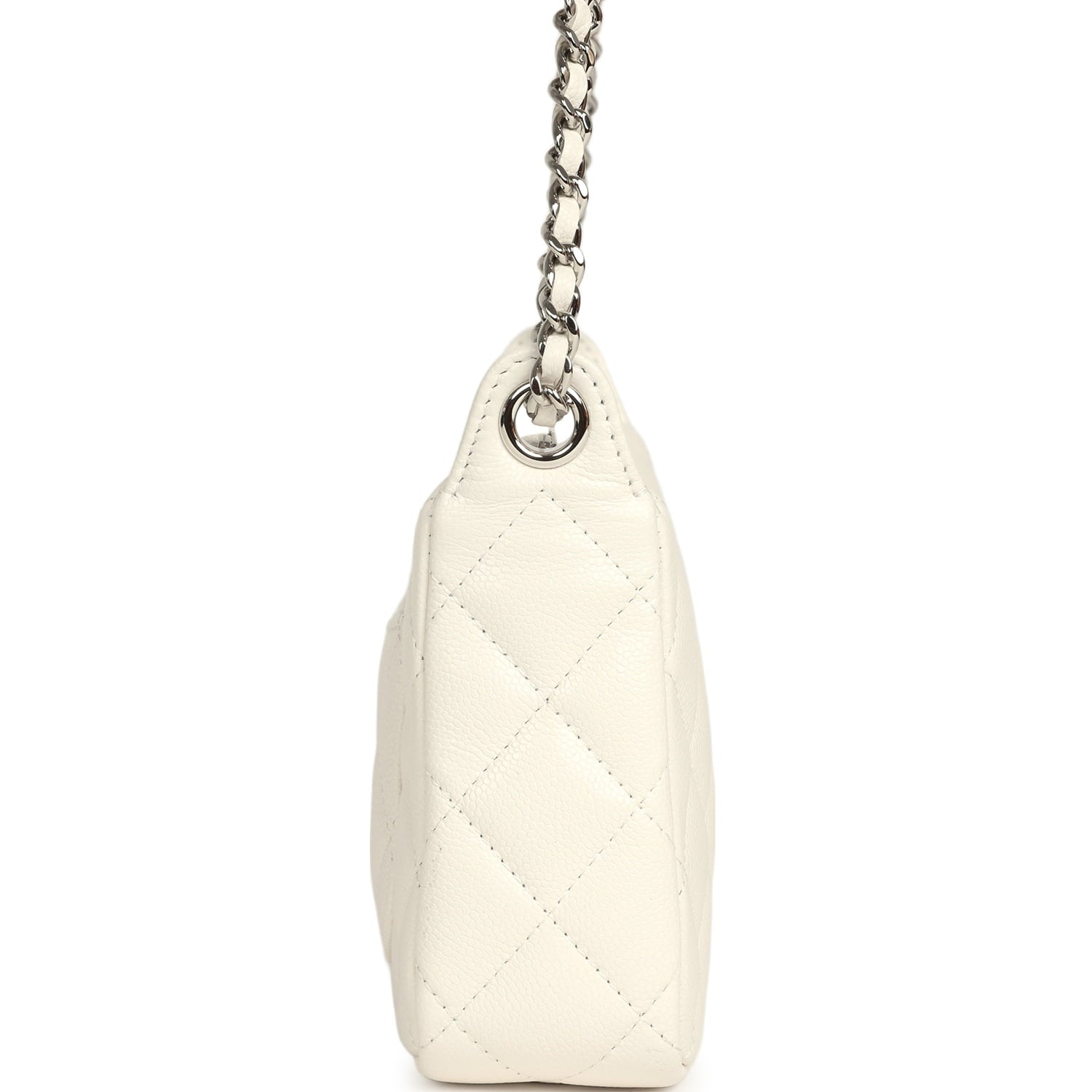 Small Quilted Clutch Bag with Chain Strap White Caviar Silver Hardware
