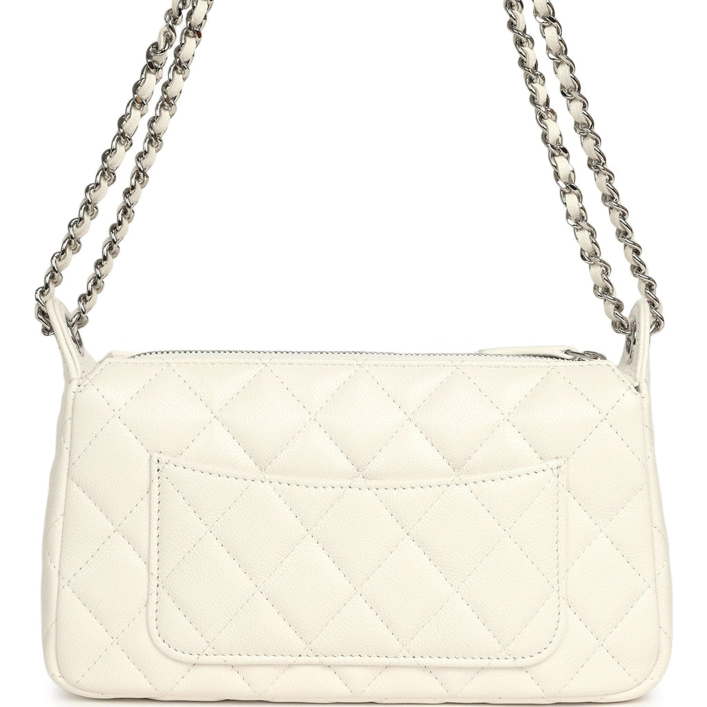 Small Quilted Clutch Bag with Chain Strap White Caviar Silver Hardware