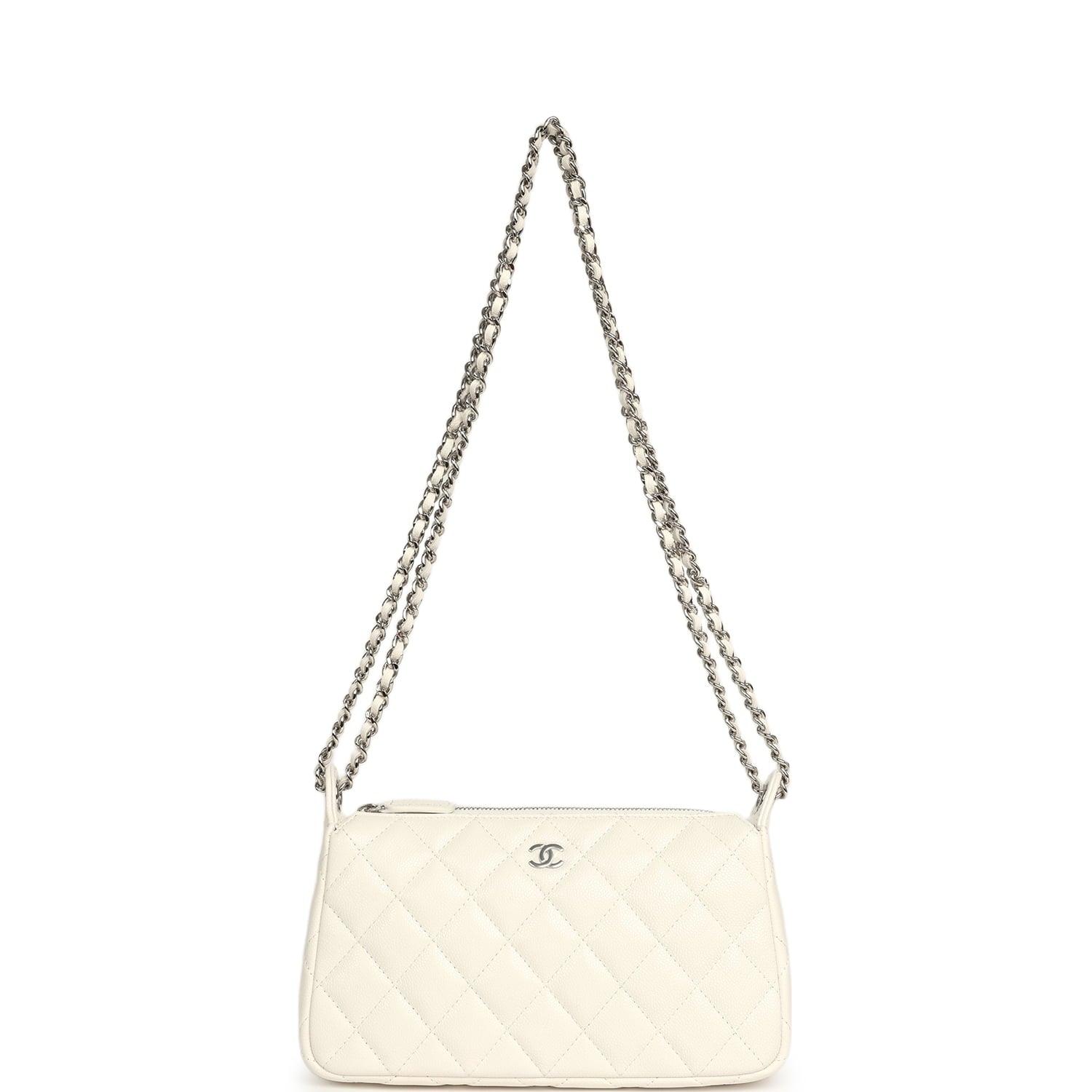 Small Quilted Clutch Bag with Chain Strap White Caviar Silver Hardware