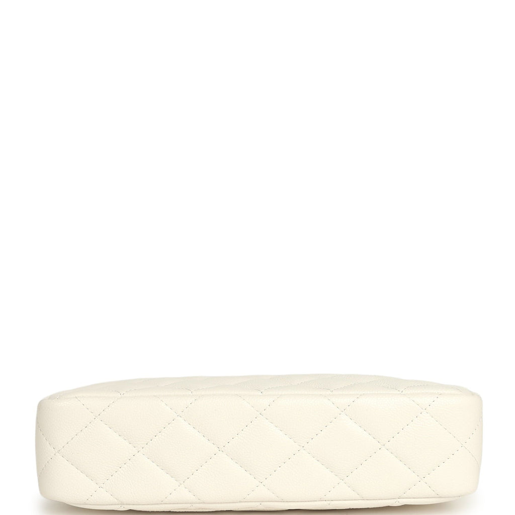 Small Quilted Clutch Bag with Chain Strap White Caviar Silver Hardware