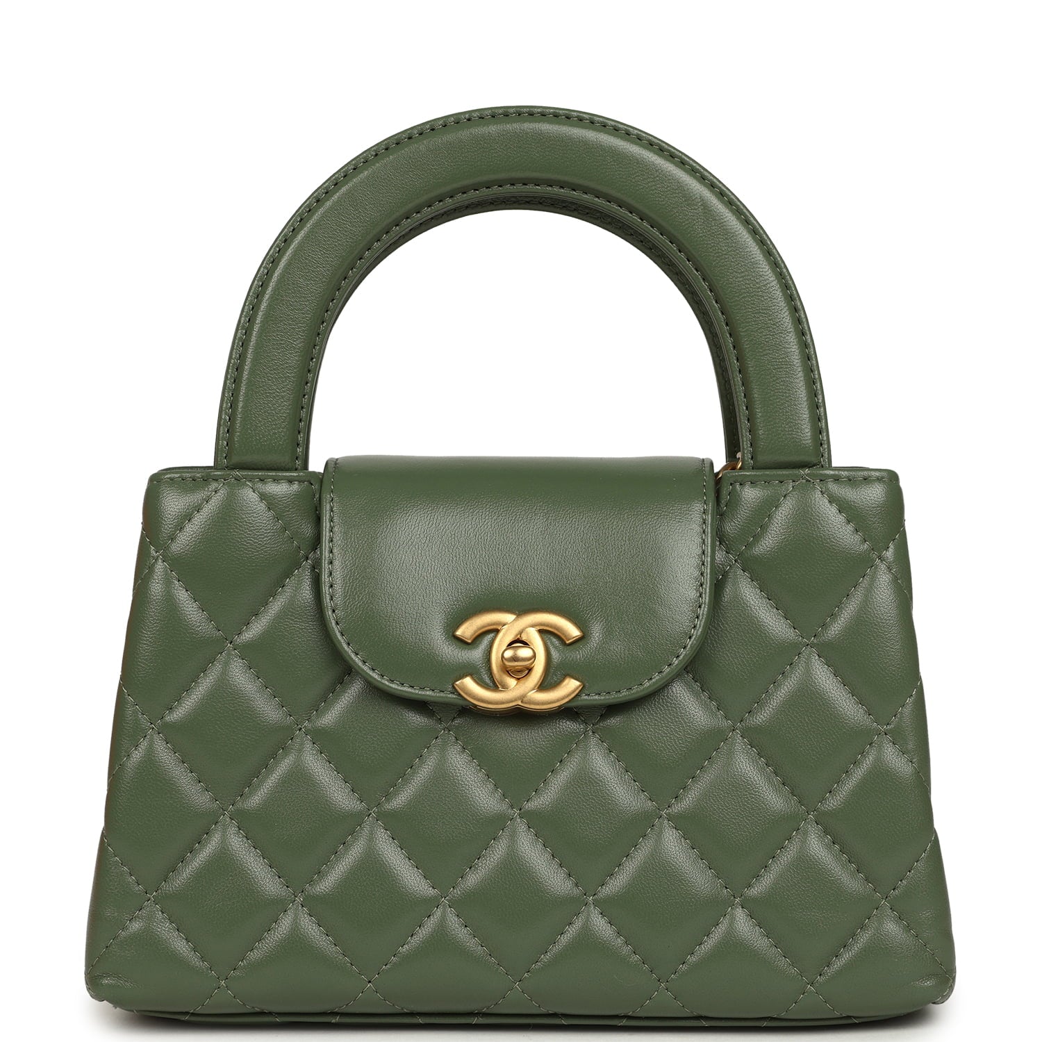 Small Kelly Shopper Khaki Shiny Aged Calfskin Brushed Gold Hardware