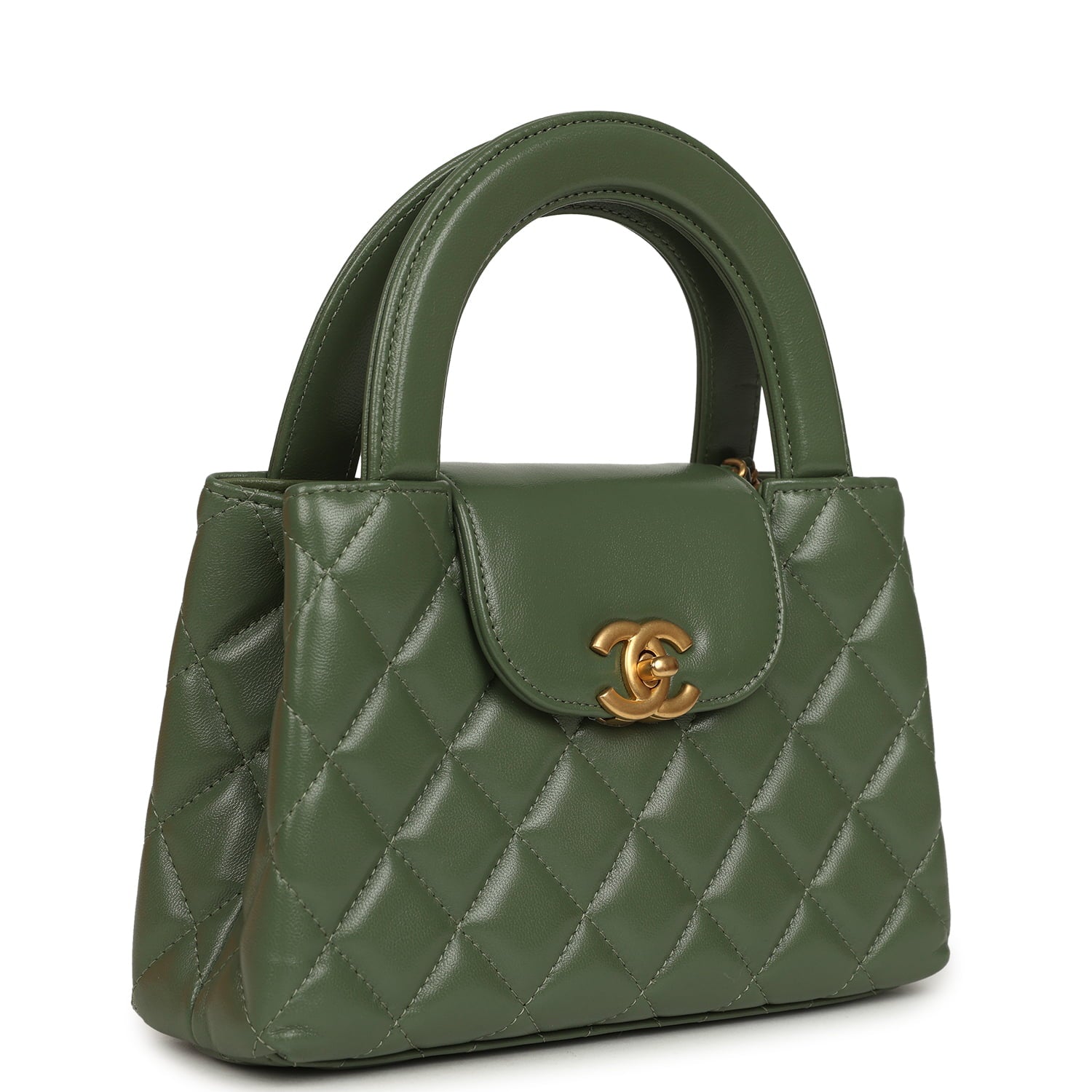 Small Kelly Shopper Khaki Shiny Aged Calfskin Brushed Gold Hardware