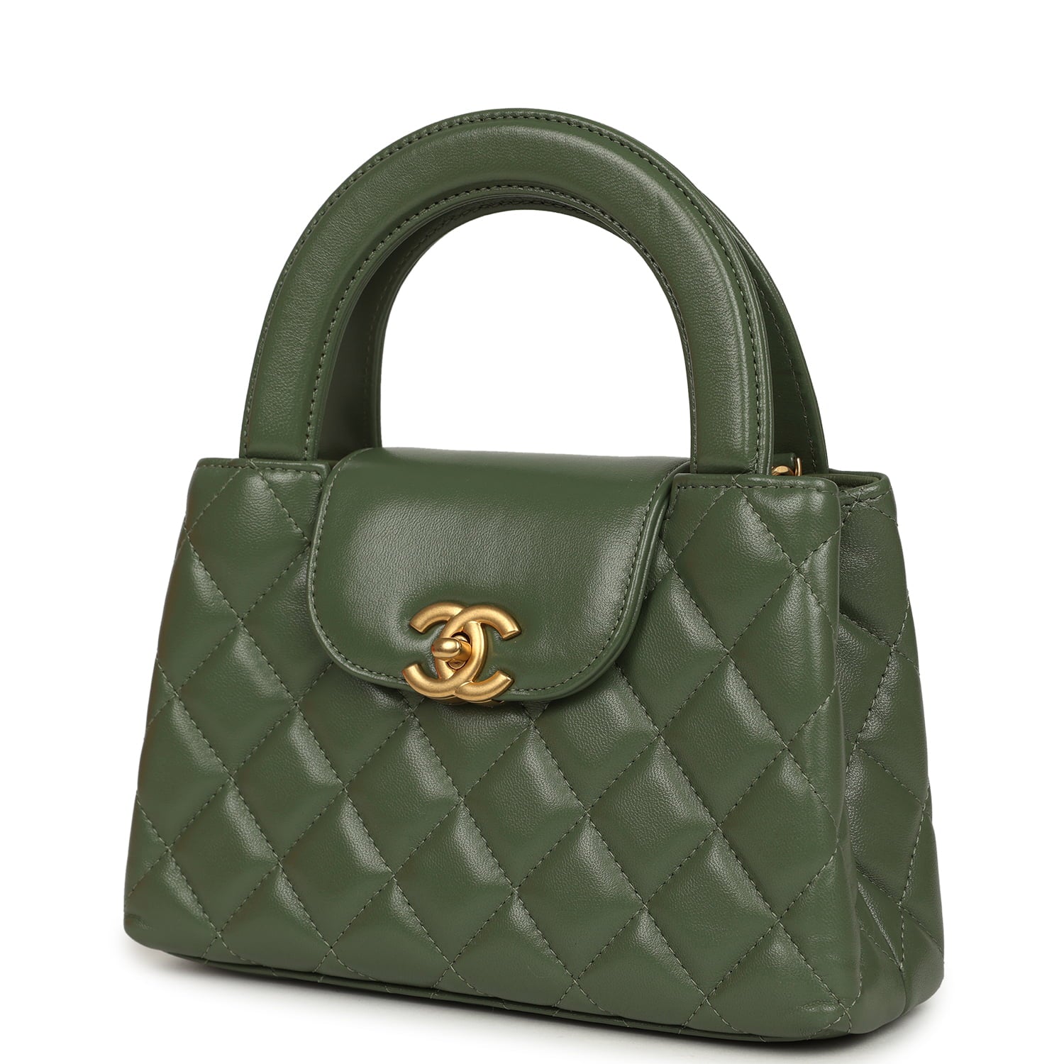 Small Kelly Shopper Khaki Shiny Aged Calfskin Brushed Gold Hardware