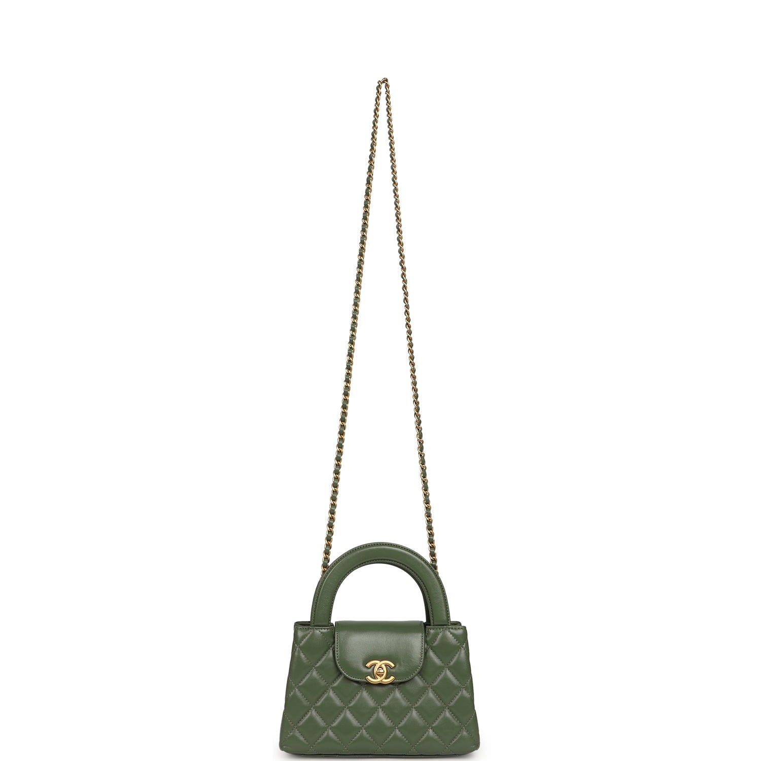 Small Kelly Shopper Khaki Shiny Aged Calfskin Brushed Gold Hardware