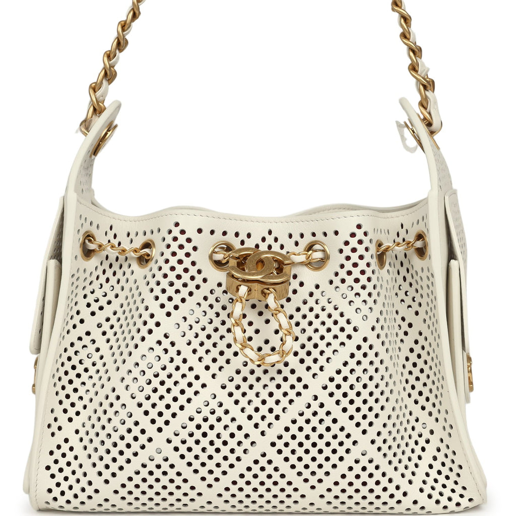 Mini 25 Hobo Bag White Perforated Calfskin Antique Gold Hardware