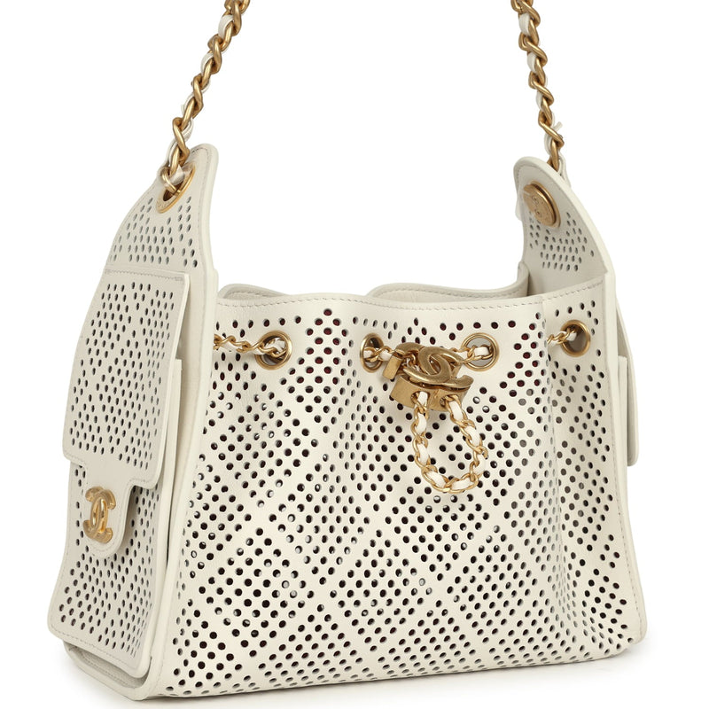 Mini 25 Hobo Bag White Perforated Calfskin Antique Gold Hardware