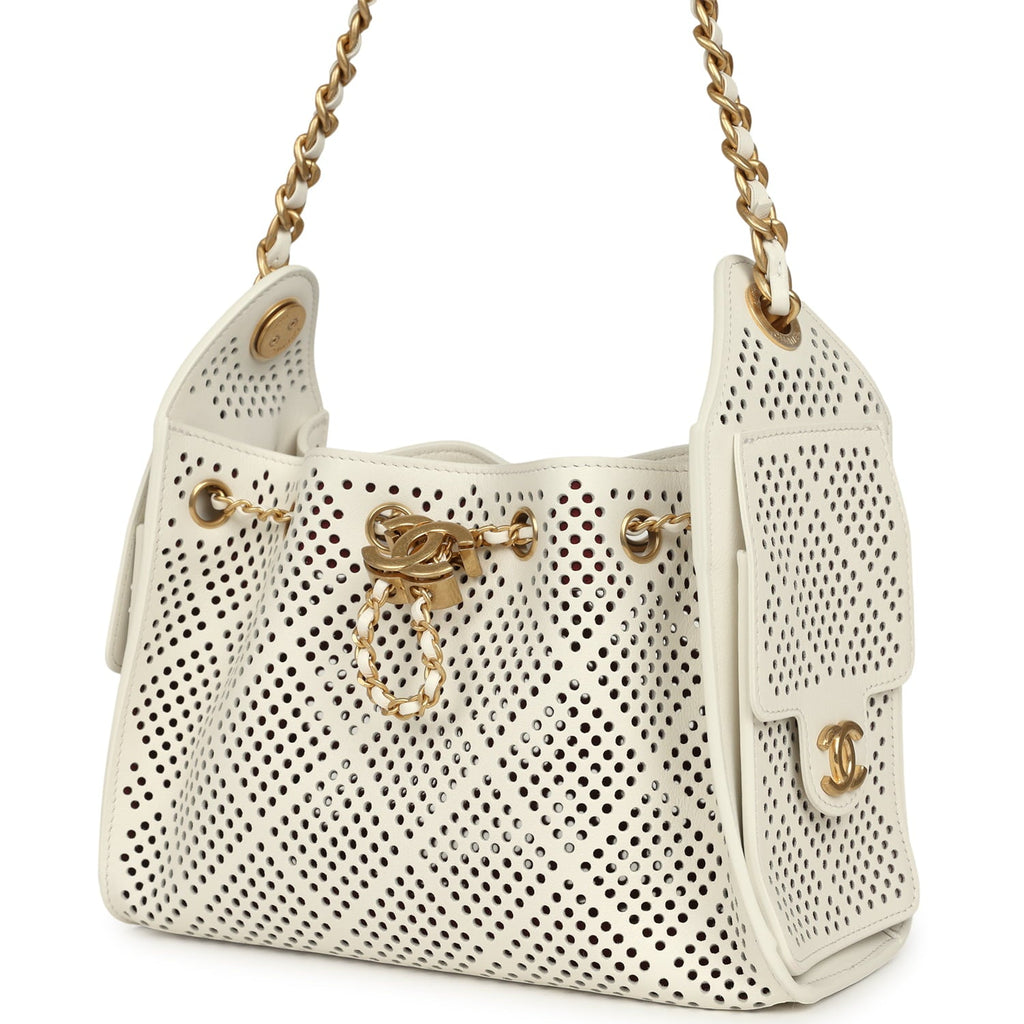 Mini 25 Hobo Bag White Perforated Calfskin Antique Gold Hardware