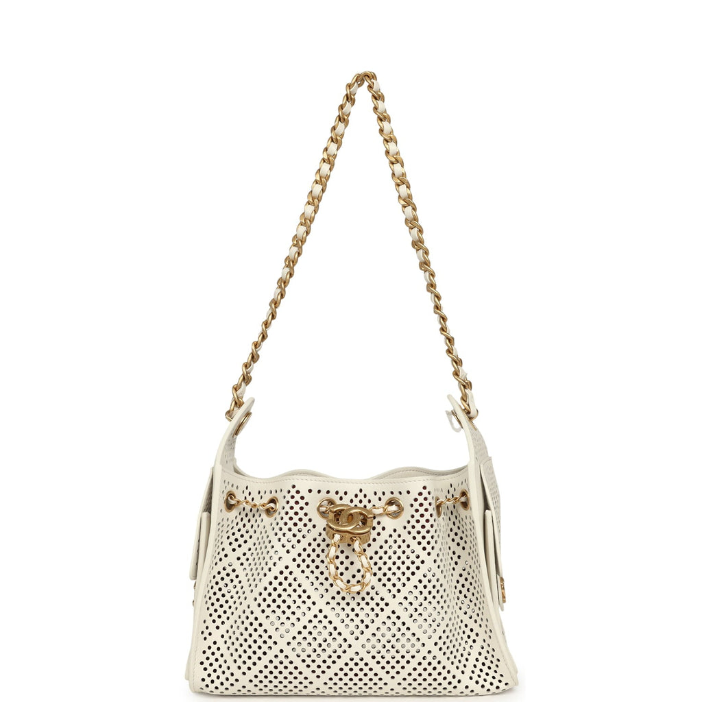 Mini 25 Hobo Bag White Perforated Calfskin Antique Gold Hardware