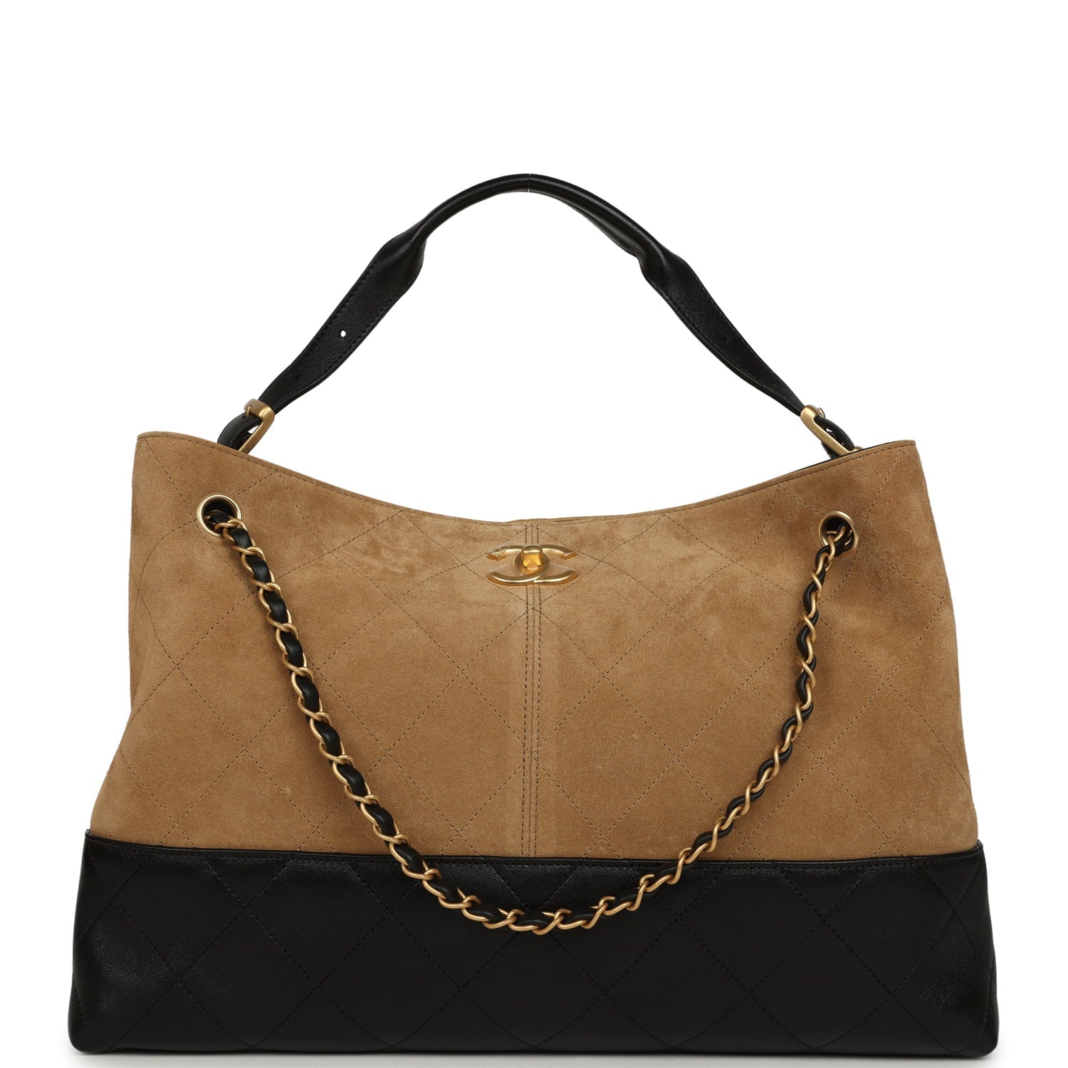 Large Coco Base Hobo Bag Brown Suede and Black Shiny Lambskin Brushed Gold Hardware