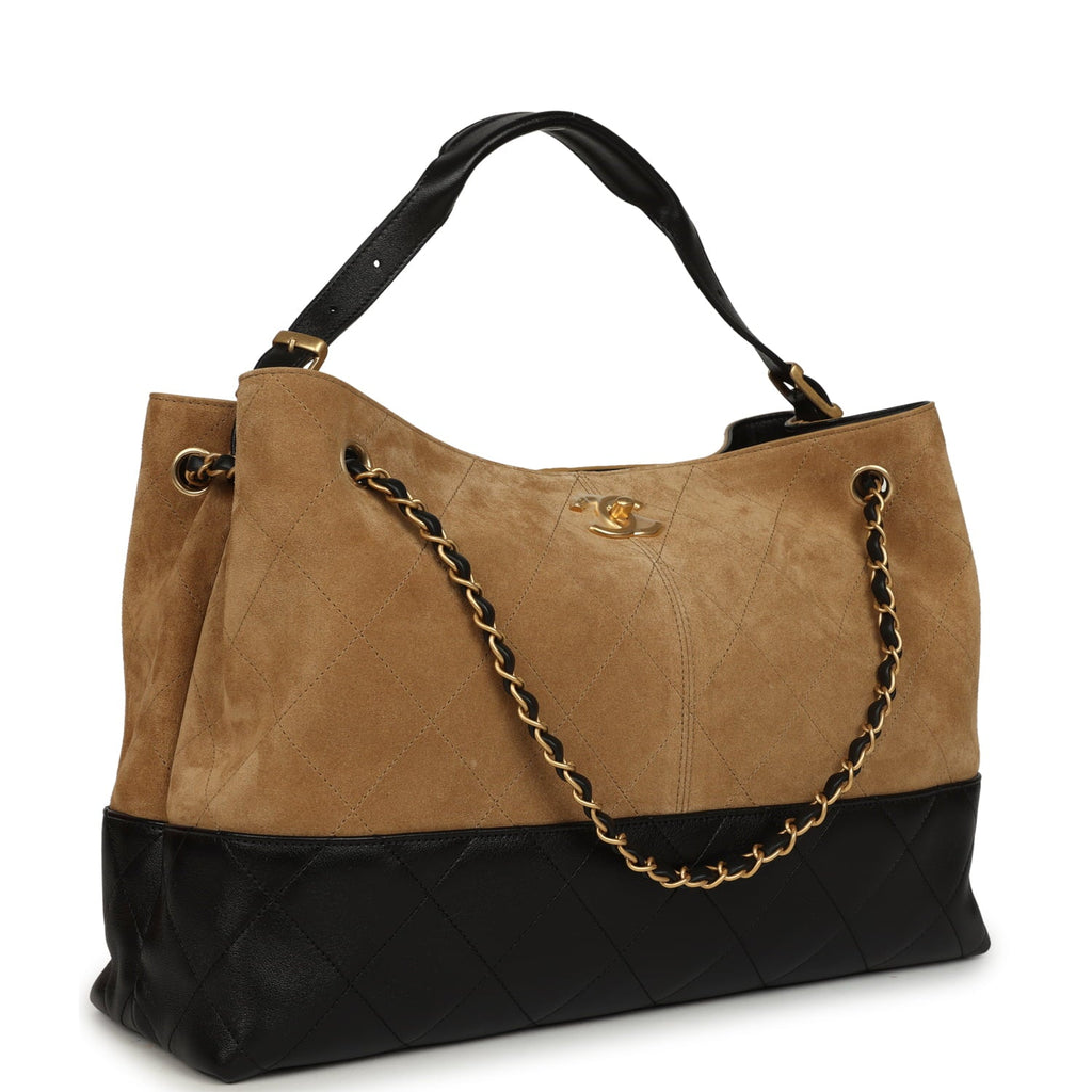 Large Coco Base Hobo Bag Brown Suede and Black Shiny Lambskin Brushed Gold Hardware