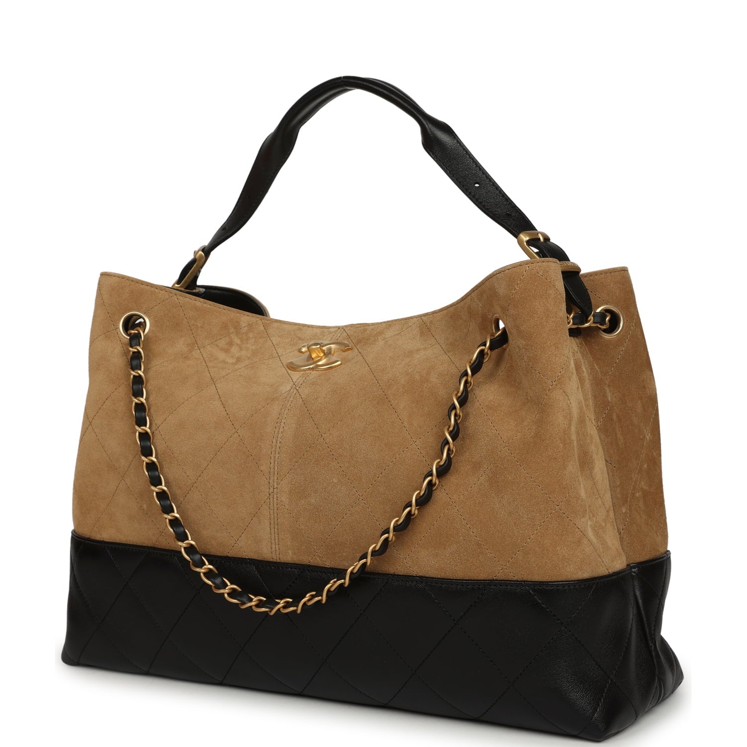 Large Coco Base Hobo Bag Brown Suede and Black Shiny Lambskin Brushed Gold Hardware