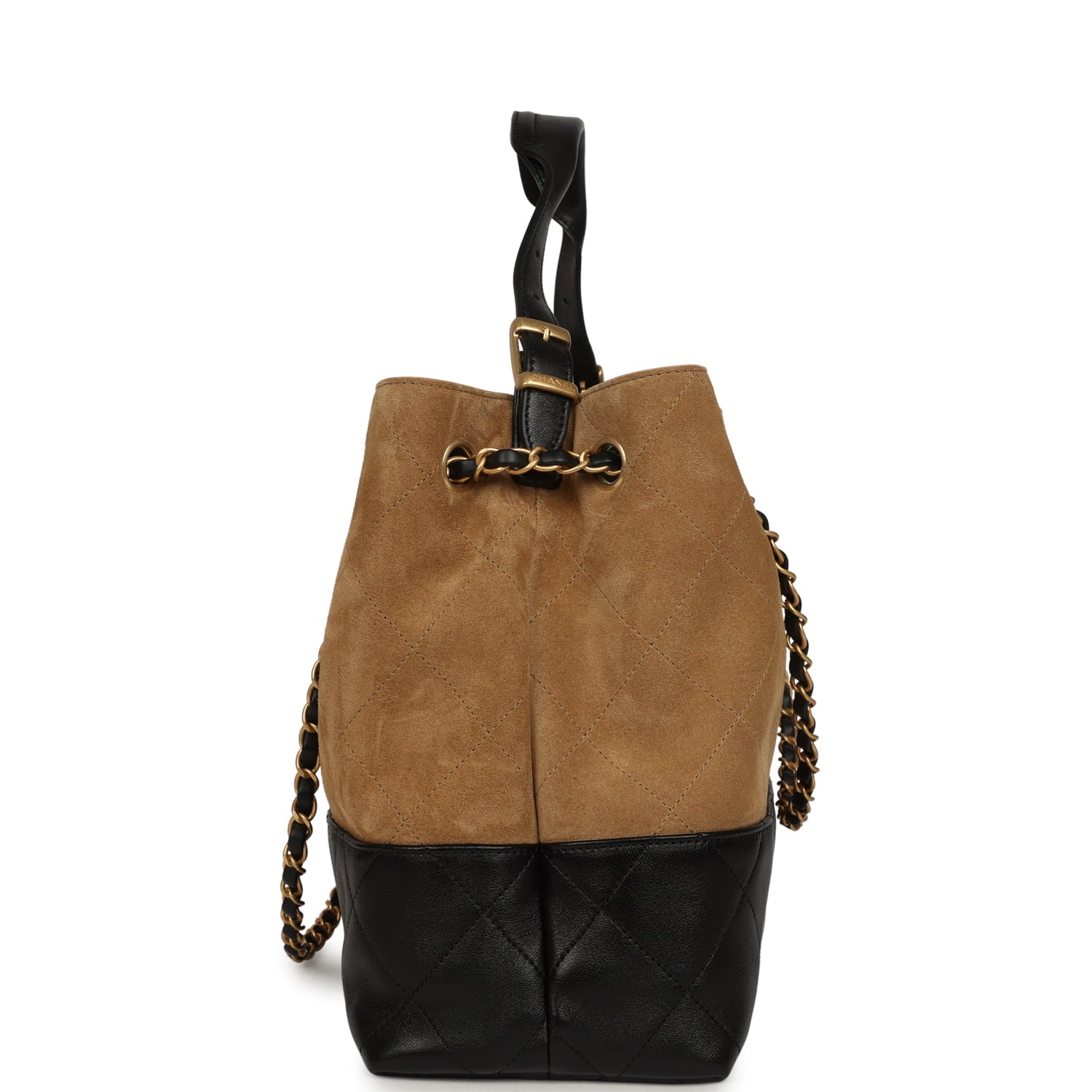 Large Coco Base Hobo Bag Brown Suede and Black Shiny Lambskin Brushed Gold Hardware