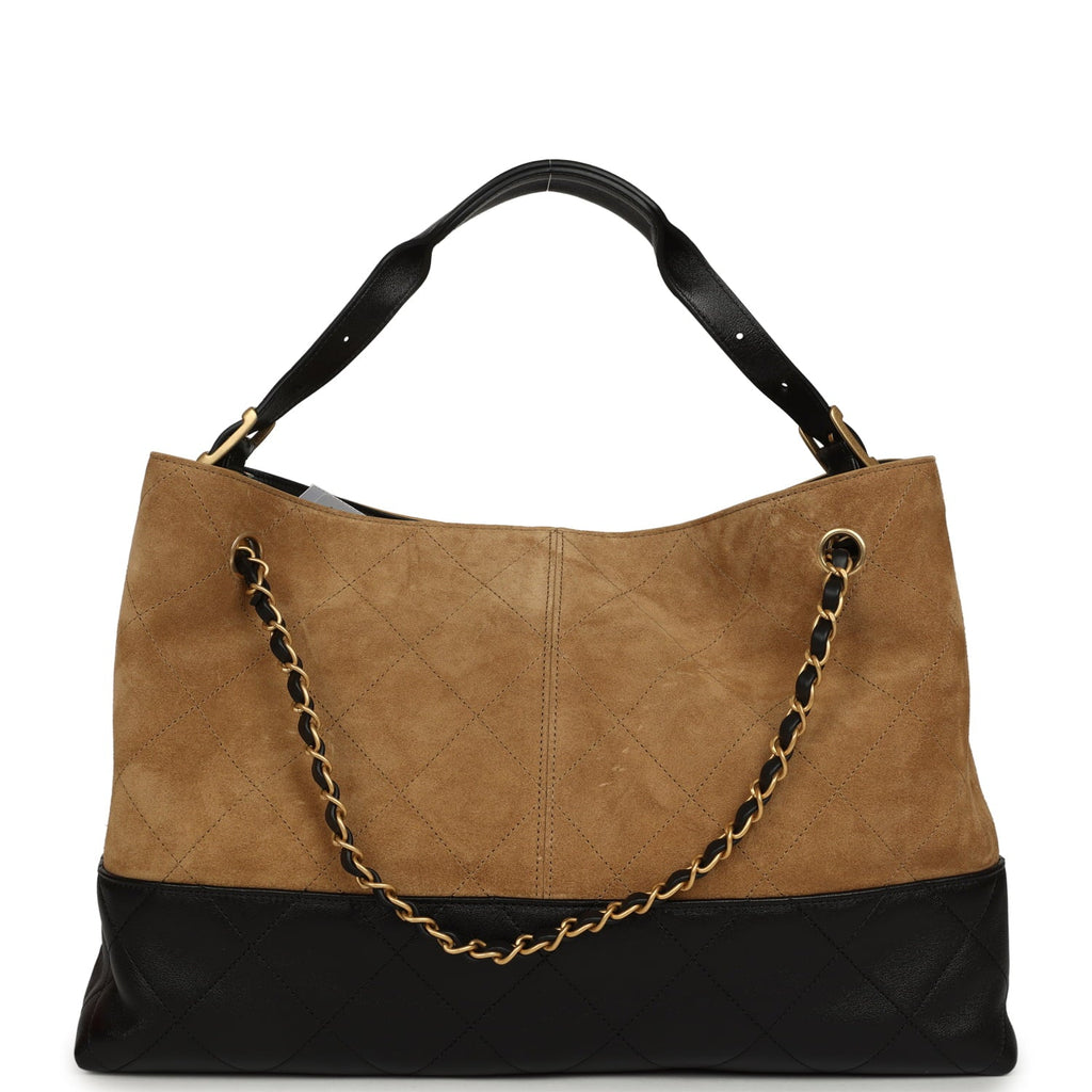 Large Coco Base Hobo Bag Brown Suede and Black Shiny Lambskin Brushed Gold Hardware