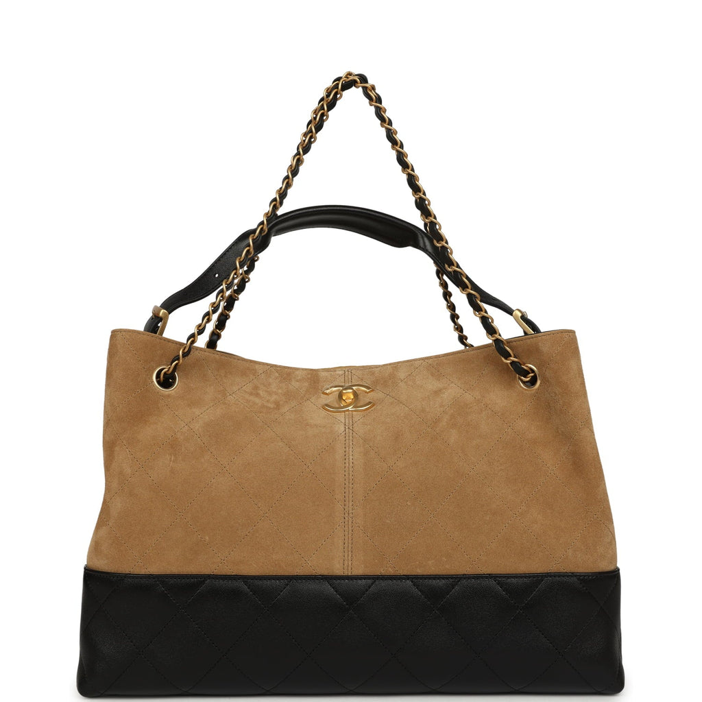Large Coco Base Hobo Bag Brown Suede and Black Shiny Lambskin Brushed Gold Hardware
