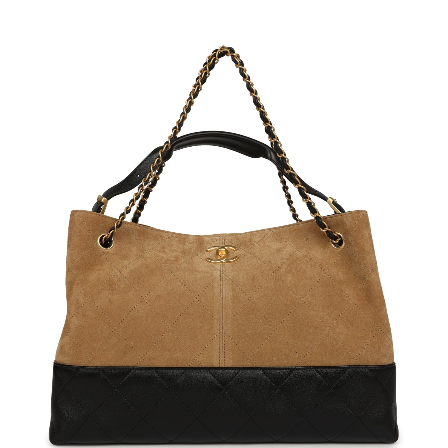 Large Coco Base Hobo Bag Brown Suede and Black Shiny Lambskin Brushed Gold Hardware