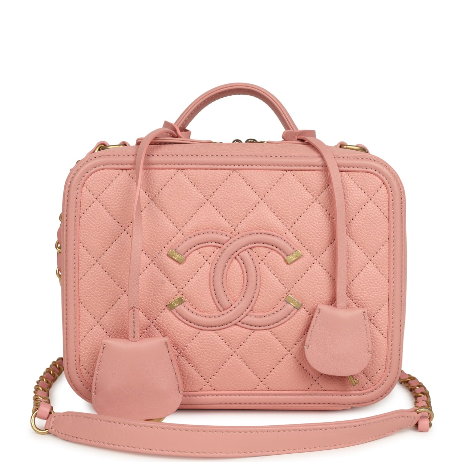 Medium CC Filigree Vanity Case Pink Caviar Brushed Gold Hardware