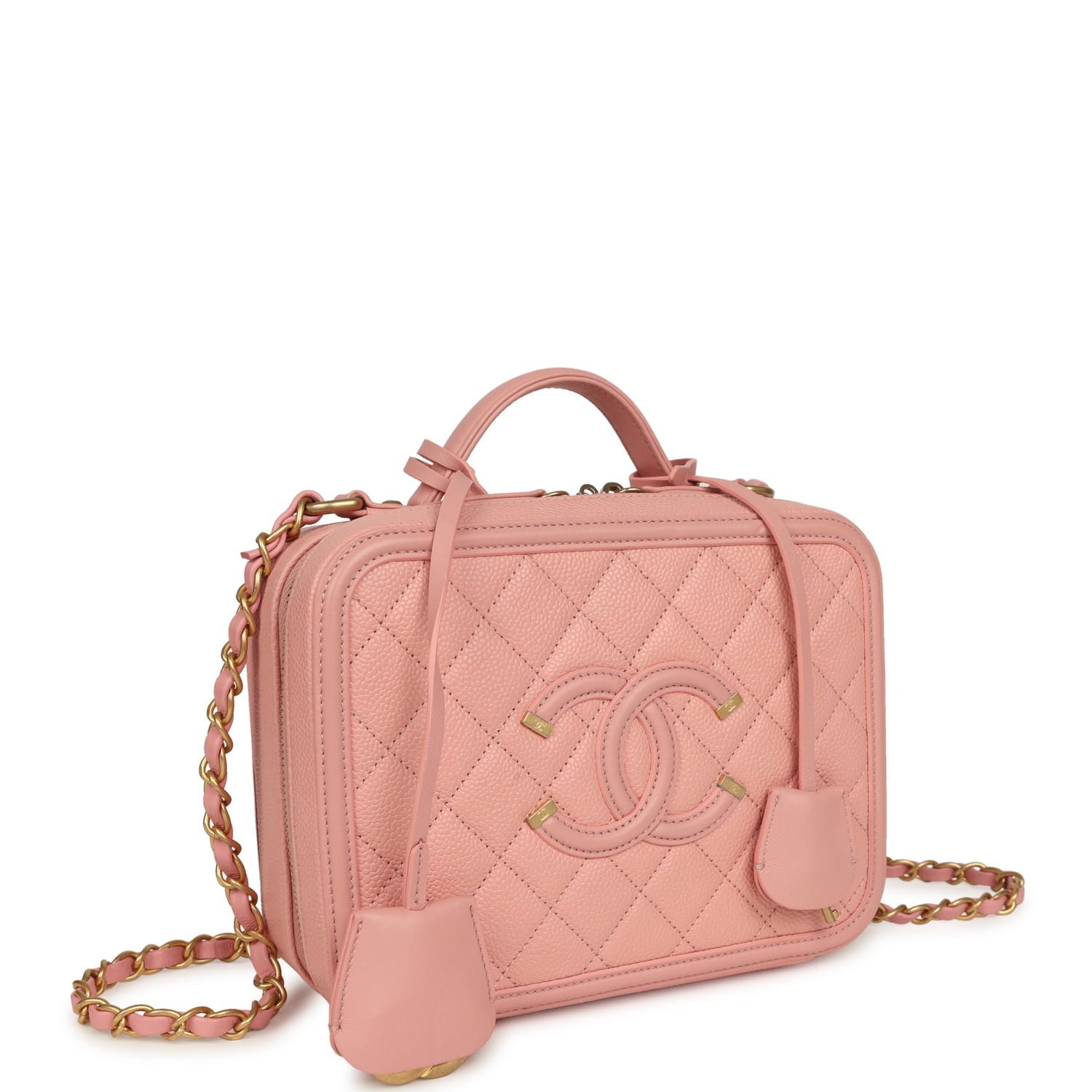 Medium CC Filigree Vanity Case Pink Caviar Brushed Gold Hardware