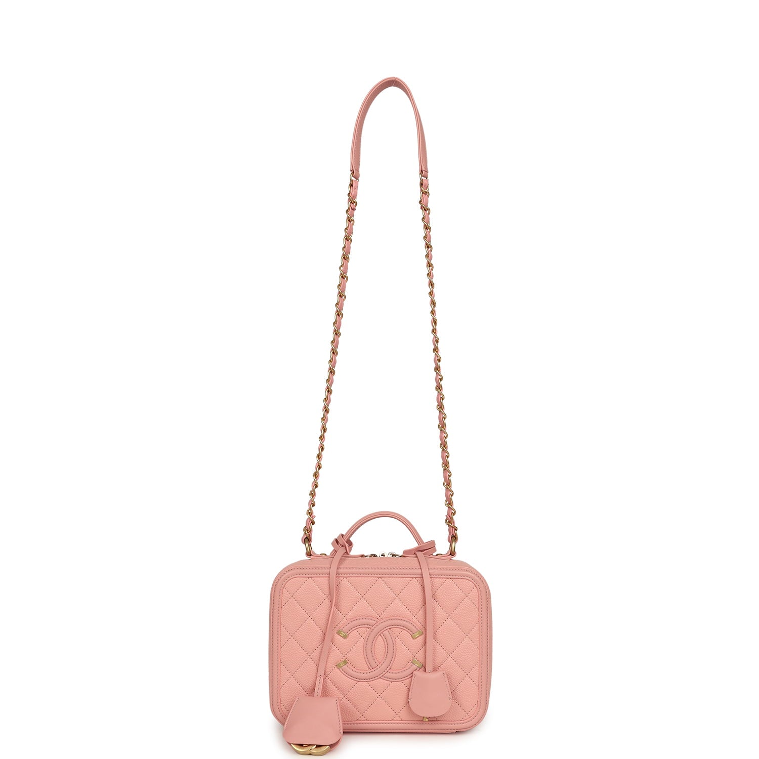 Medium CC Filigree Vanity Case Pink Caviar Brushed Gold Hardware
