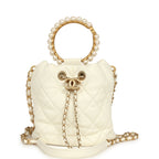 Mini Pearl Top Handle Bucket Bag White Calfskin Antique Gold Hardware