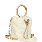 Mini Pearl Top Handle Bucket Bag White Calfskin Antique Gold Hardware
